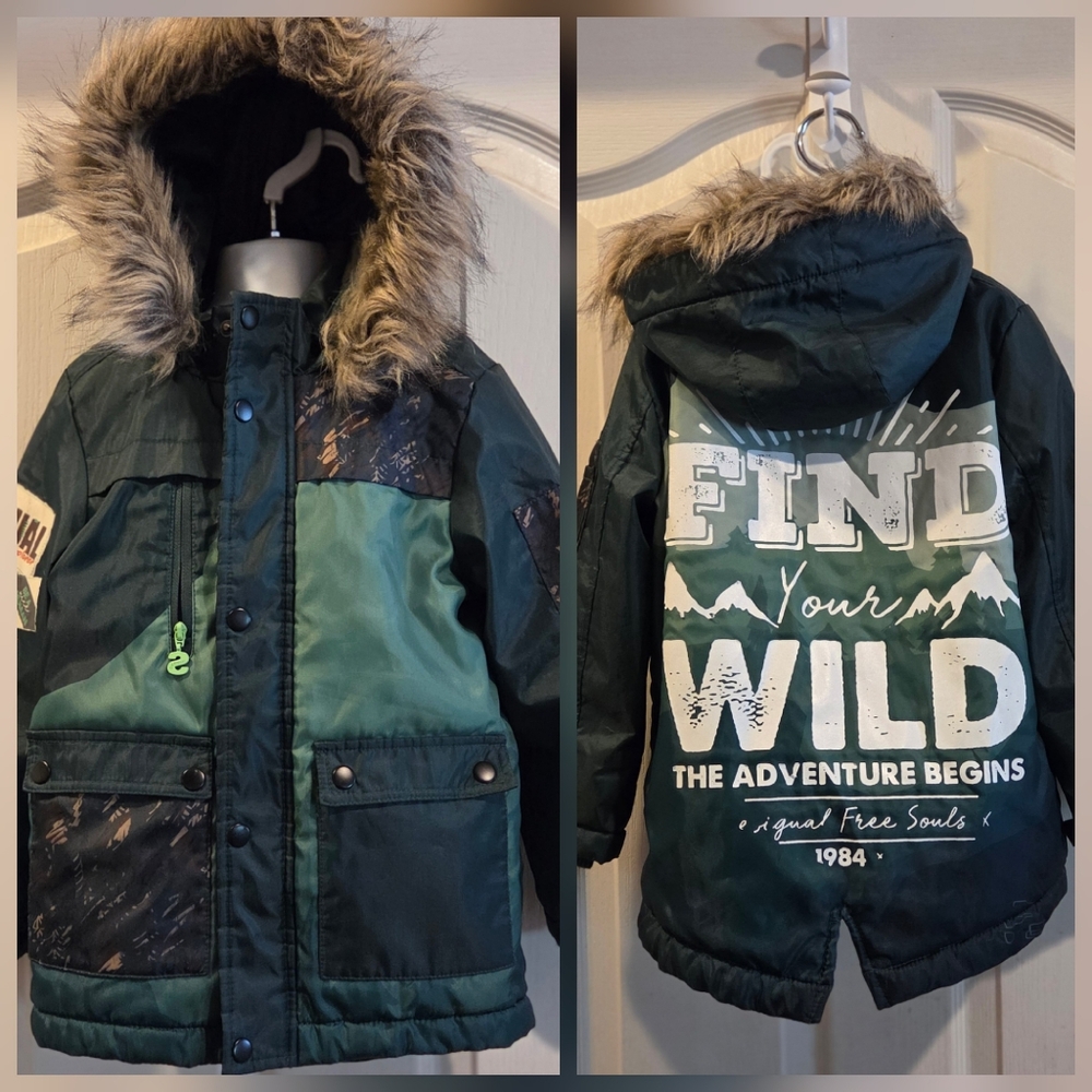 Boys Desigual Coat Jacket Size 3 4 Green Hood Hooded Faux Fur Winter Parka